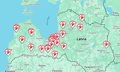 Latvijas karte ar PUTO automazgātavu atrašanās vietām